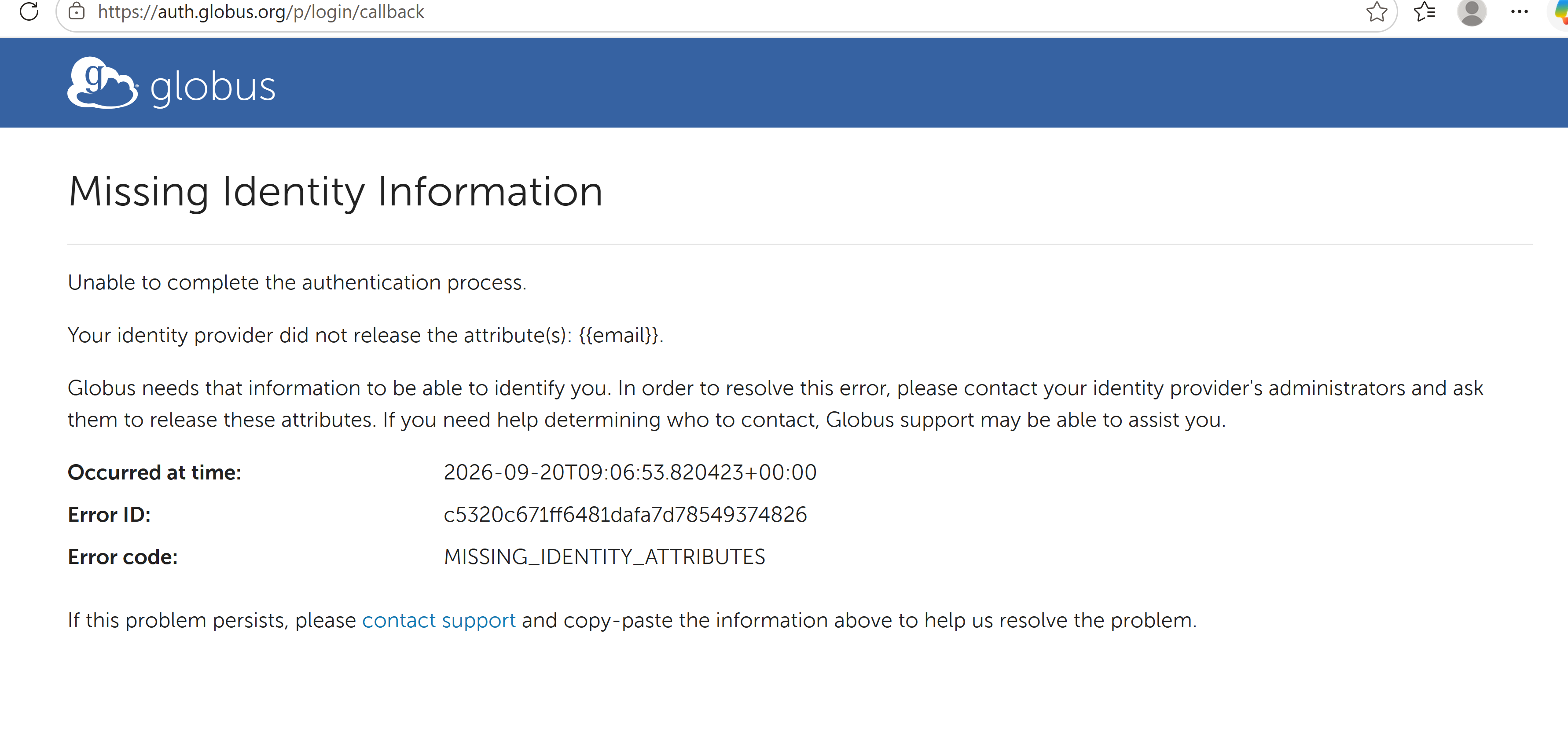Globus Auth Missing email attribute error
