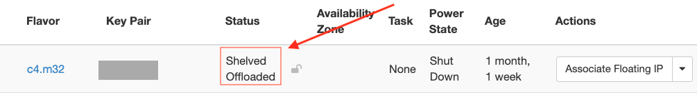 A shelved Red Cloud instance