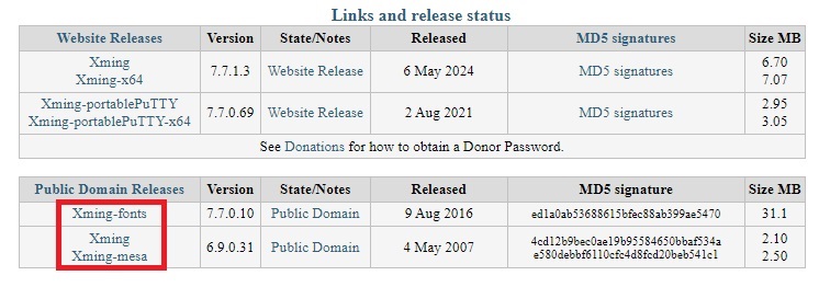 Xming links and status